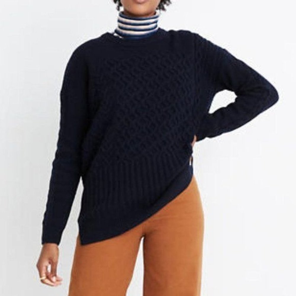 Madewell Blue Patchwork Cable Knit Tunic Sweater